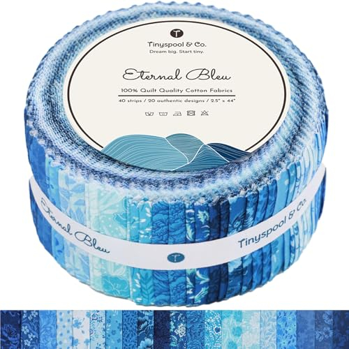 Tinyspool & Co. Jelly Roll Stoffstreifen zum Quilten, Basteln und Nähen, 40 Streifen, sortiert, weiche Baumwolle für Decke, Teppich, Polster, Heimdekoration und Geldbörsenherstellung, Ewiges Blau