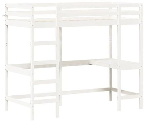 vidaXL Hochbett mit Schreibtisch, Bett für Kinder ab 6 Jahren, Stockbett mit Sperrholzlatten, Etagenbett Kinderbett, Weiß 90x200cm Massivholz Kiefer