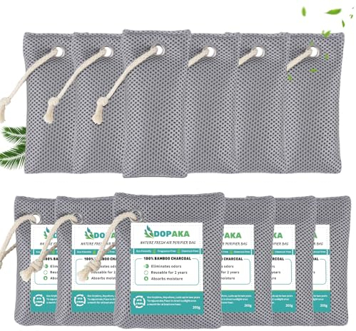 Activated Bamboo Charcoal Air Purifying Bags, Nature Fresh Air Purifier Bags,12 Pack Odor Eliminator, Activated Charcoal Odour Absorber for Room, Closet, Shoe, Car Air freshener (75g*6+200g*6)