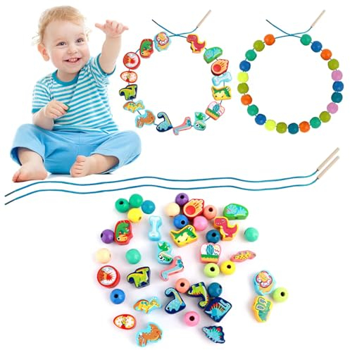 Holzspielzeug Fädelspiel Spielzeug Set, 41 Stück Tiere Holzperlen Geschenk Lernspiel, Mehrfarbig Montessori Pädagogisches Lernspielzeug Geschenke, Kinder Geburtstag Einfädeln Spielzeug für 3-5 Kinder