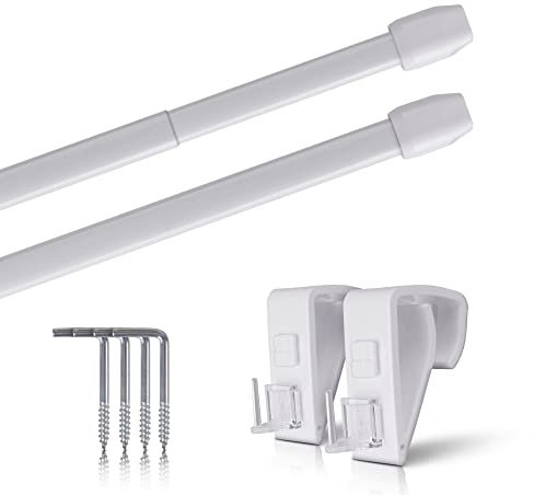Vitragestangen 2er Pack ausziehbar, 2 Gardinenstangen mit Klemmträger - Befestigung ohne Bohren (Farbe: weiß, Größe: 110-150cm)