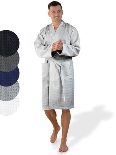SIEGENTHAL® Herren Bademantel Waffelpique 100% Baumwolle mit Schalkragen Leicht Morgenmantel - Hellgrau M - L