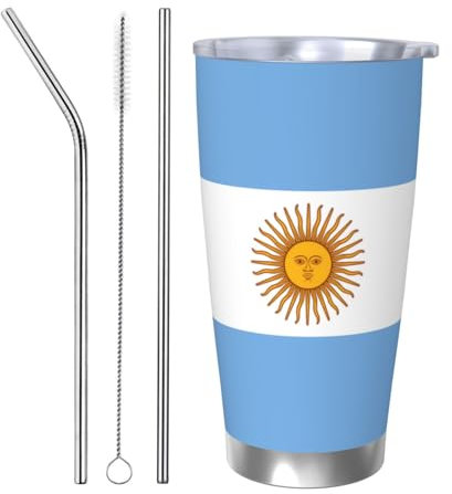 XZDAL Vaso de acero inoxidable de la bandera argentina de 20 onzas con borde plateado único, diseño de tapa doble