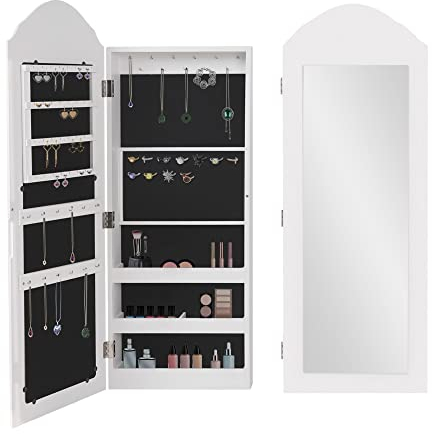 ML-Design Schmuckschrank Weiß, hängend, Wandschrank mit Spiegel und zahlreichen Fächern, 35x95x9 cm, Wandmontage, für Ketten, Ohrringe, Ringe, Spiegelschrank aus MDF Holz, Standschrank Wandspiegel