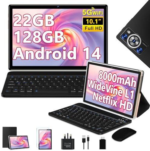 2025 Tablet 10 Inch Android 14 22GB RAM+128GB ROM(TF 2TB), Octa Core 2.0 GHz, 5G WiFi, 8000mAh | BT5.0 | Widevine L1 FHD | Face ID | Widgets | GPS | Type C | GMS Tablet with Keyboard & Mouse - Black