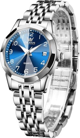 OLEVS Damen-Armbanduhr, Edelstahl, wasserdicht, Diamanten, kleines Zifferblatt, Quarz, analog, modisch, Gold, Schwarz, Weiß, blaues Zifferblatt, Damen-Armbanduhr, L9970: Silbernes Armband und blaues