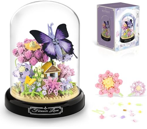 TOY PLAYER Purple Butterfly Bouquet Mini Building Blocks Set, Botanical Flowers and Insect Kit with Dust Cover and Base, Gift for Valentine's Day, Anniversary, Mother's Day, Birthday (582 PCS)