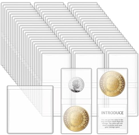 Vmiapxo 200 Stück Doppeltaschen-Münzhüllen, 5,1 x 5,1 cm, transparente Münzklappen, transparenter Kunststoff, Münzsammelhalter, transparente Aufbewahrungsschutz für Münzen, Schmuck, Ringe, Ohrringe