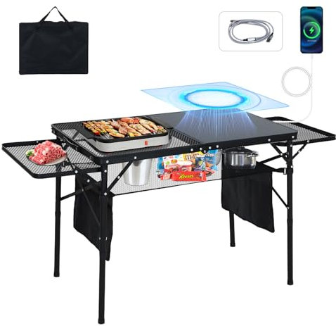 WGOS Camping Table, Grill Table, Outdoor Table, Folding Table, Folding Grill Table, Solar Panel Table, Outdoor Table, 42W Portable Solar Phone Charger w/USB, Type-C&DC Outputs, Height Adjustable