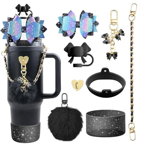 Stanley Cup Accessories Set, 8 PCS Stanley Cup Decor Includes Stanley Straw Cover, Water Bottle Handle Strap, Silicone Stanley Cup Boot, Stanley Charms for Stanley Cup 40oz & 30 oz Tumbler (Black)