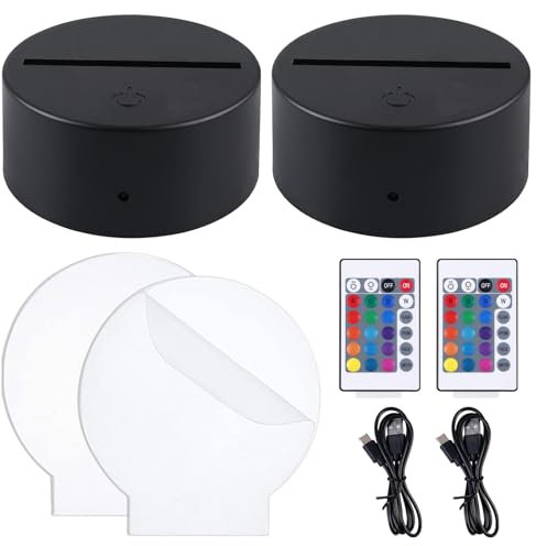 2 Stück 3D LED Nachtlicht Lichtsockel: LED Sockel mit Fernbedienung und Lichttafel, 3D Illusion Lampe 7 Farben Lichter Dimmbar, Dekoration Lampe für Kinderzimmer, Schlafzimmer, Wohnzimmer, Bar, Laden
