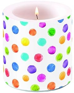 Ambiente Kerze Stumpenkerze Wachswindlicht Dekorationskerze 9 cm hoch Paraffinwachs 35h Brenndauer bunte Tupfen Frühling Sommer Geburtstag - serie polka dots