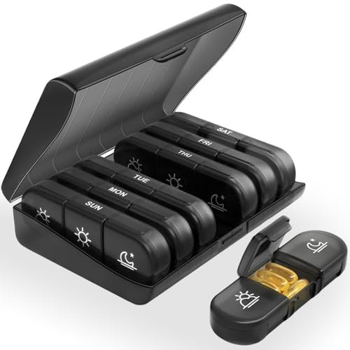 YADOBIG Tablettenbox 7 Tage Morgens Mittags Abends, Pillendose 7 Tage 3 Fächer, Medikamentenbox für Unterwegs, Seniorenfreundliche Pillenbox, Schwarz