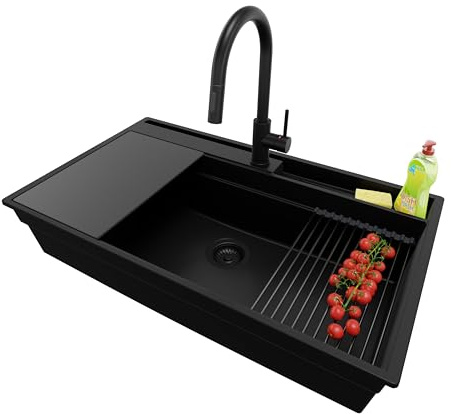 PRIMAGRAN Granitspüle ab 90er Unterschrank + Küchenarmatur, 88x53cm | Set: Küchenarmatur BW9010 + Ablauf-Set + Spülbecken 1 Becken - Oslo 90 Pocket, Alles Schwarz