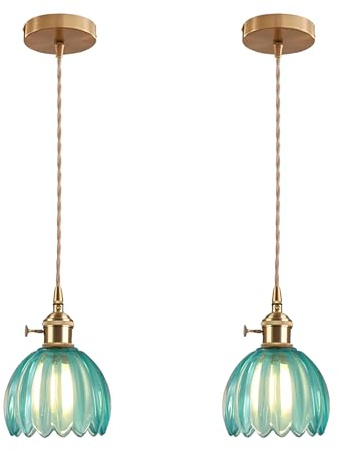 EKSED Vintage Pendelleuchte aus Glas mit Goldener E27-Fassung und Drehschalter, Lampenschirm in Blütenblattform, Hängelampe für Küche, Esszimmer oder Schlafzimmer (blau, 2 Stück)