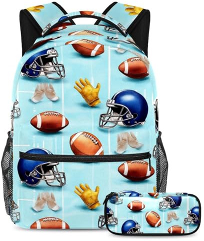 VAPOKF American Football Helme, Handschuhe, Schulranzen-Set für Teenager, Mädchen, Jungen, Kinder, Schüler-Büchertasche, Rucksack mit Federmäppchen für die Grundschule