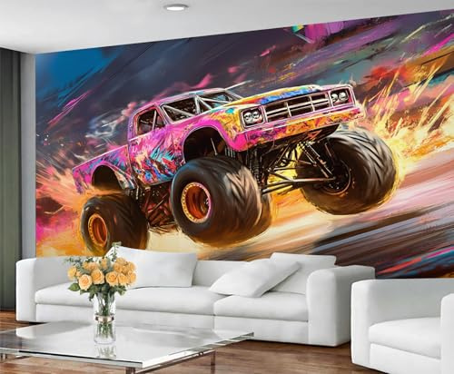 GIVLWF Tapete – Graffiti-Truck-Heimdekoration und Wandbild, Monster-Trucks, Schlafzimmer-Tapete, bunte Autos, Tapeten für Wohnzimmer, großes Wandbild (nicht selbstklebend)