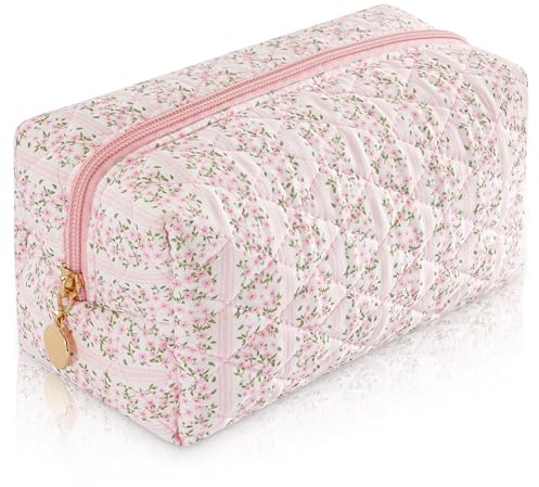 UUYUUY Makeup Bag Travel Toiletry Bag for Women, Small Cosmetic Bags Cute Quilted Cotton Makeup Pouch for Purse Emergency Bag for School Floral Pencil Case Accessory Bag, Pastel Pink