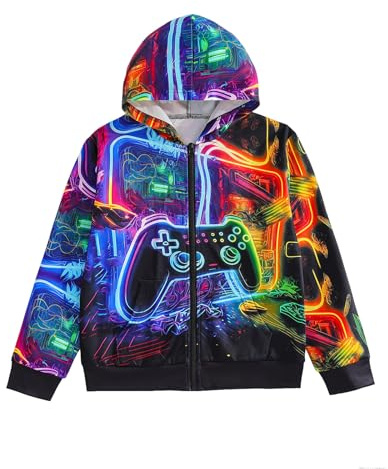 Momkonzz Boys Zip Up Hoodies Kids Game Controller Hooded Sweatshirts Teen Novelty Jackets for Autumn Winter 7-12T