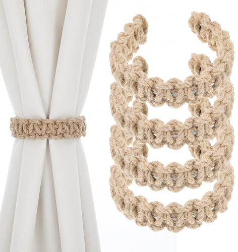 TIESOME 4 Stück Vorhang Raffhalter Boho Gardinenhalter Handgefertigte | Eflochtene Gardinenhalter Geflochtener Vorhang Raffhalter für Office Wohnzimmer Schlafzimmer Dekorative Vorhänge