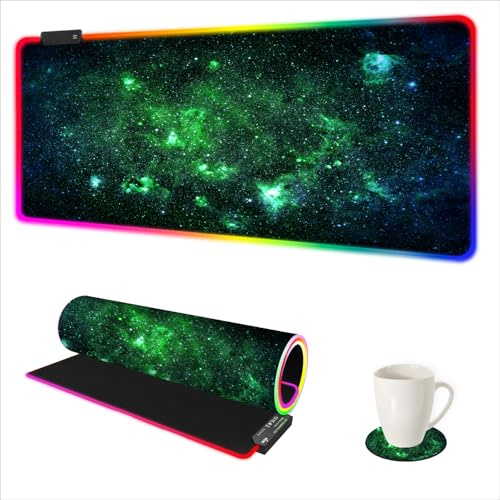 AIMSA Tapis de souris de jeu RVB étendu, grand tapis de souris LED avec base en caoutchouc antidérapant avec 14 modes d'éclairage, tapis de clavier d'ordinateur doux, 89,9 x 40,1 cm, vert étoile