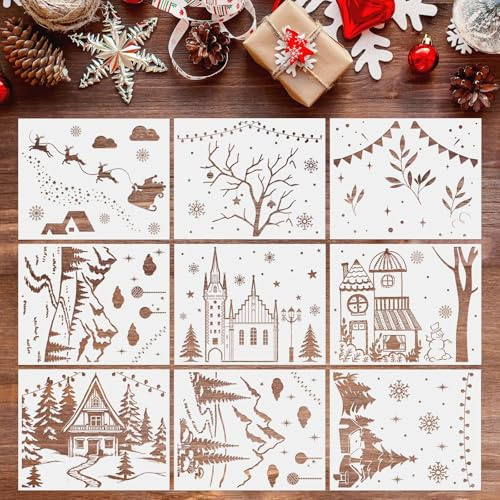 9-teilige große Weihnachts-Sprühmalvorlagen, Schablonen zum Sprühen von Schnee auf Fenster, Malvorlage mit abwechslungsreichen Mustern, geeignet für die Feiertags-DIY-Malerei von Glaswänden und