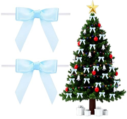 50 Lazos de Navidad en Raso Azul, Lazos Autoadhesivos de 1.5cm para Árbol de Navidad, Decoración de Regalos y Manualidades (Azul)