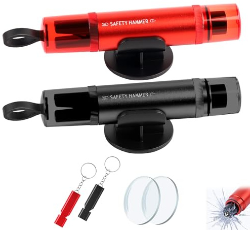 PAPAcroscoma 2 Pcs Car Emergency Hammer (Black、Red) | Car Windscreen Breaker with Seat Belt, Equipped with whistle, Car Escape Emergency Tool Suitable for All Vehicles