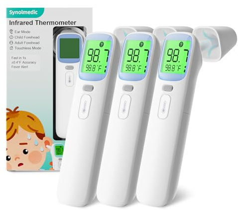 Synolmedic Lot de 3 thermomètres auriculaires infrarouges, thermomètre numérique précis pour bébé avec alarme de fièvre, thermomètre infrarouge pour oreille, front et sans contact, thermomètre pour