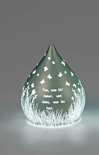 formano Deko-Tropfen in Frosty-Silber mit LED-Licht + Timer 13cm aus Farbglas in geeister Optik mit Spruch: Tue, was du liebst, für 3x AA Batterien 1,5V-Batterie nicht enthalten