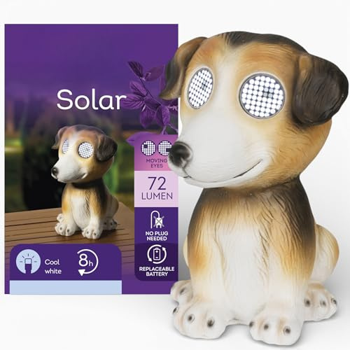 MIJOMA Solarfigur mit Moving Eyes – LED Gartenfigur aus Polyresin mit 8h Timer – Solarbetriebene Deko für Garten Balkon Terrasse (Hund Braun-Weiß)