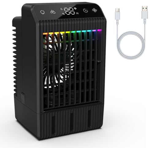 Mobile Portable Air Conditioners with Display, 1000ml Mini Air Conditioner 4-in-1 Air Cooler Humidifier Mini AC with Dual Spray & 7 Colors Light, 4 Speeds Timing Air Conditioner Cooling Fan