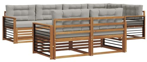 vidaXL Outdoor-Sofagarnitur mit Kissen 7 pcs Natürlich und Hellgrau, Balkonsofa, modernes Eckmöbel, robuster Lounge, Terrassen-Sitzgruppe, bequemer Gartenstuhl