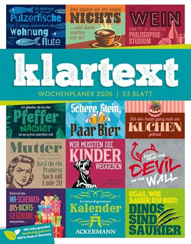 Klartext Sprüchekalender Wochenplaner 2026 | Humorvoller Typo-Wochenkalender im Hochformat (25x33 cm) | Mit lustigen Sprüchen und Rätseln