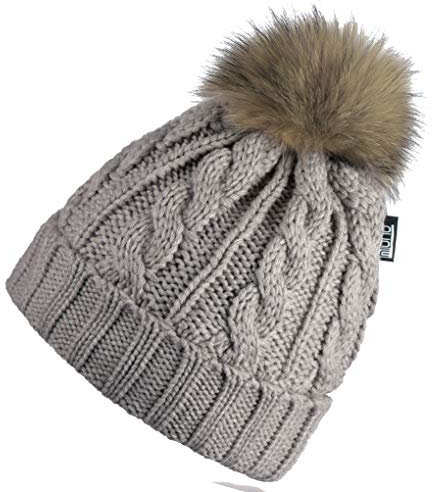 Miuno® Echte Fell Bommelmütze Zopfmuster Strickmütze mit Teddyfutter MZ161 (Beige)