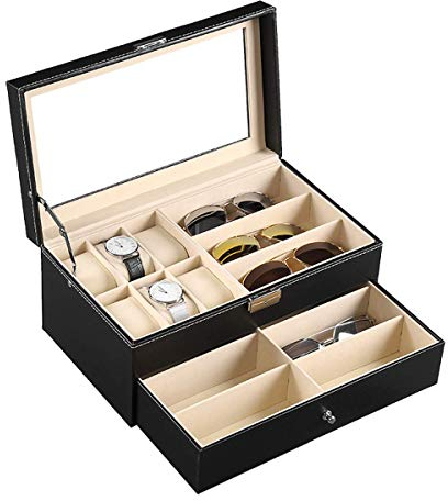 AUTOARK PU-Leder 8 Uhrenbox 9 Brillen Sonnenbrillen Schmuckkästchen,abschließbar Armbanduhr mit Schubladen,Glasfenster,Schwarz,AWU-048