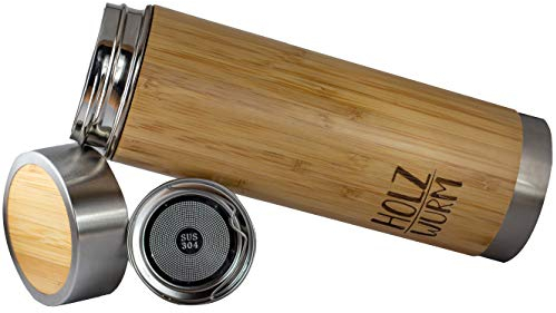 Holzwurm Bambus Thermobecher aus Rostfreiem Edelstahl mit Teesieb/Reisebecher/Isolierbecher/Tee&Kaffee to Go Becher (Bambus) (360 ml)