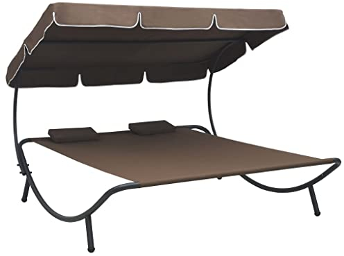 vidaXL Tumbona Doble de Jardín con Toldo y Cojines Patio Carpa Exterior Aire Libre Decoración Toldo Chaise Longue Playa Balcón Marrón