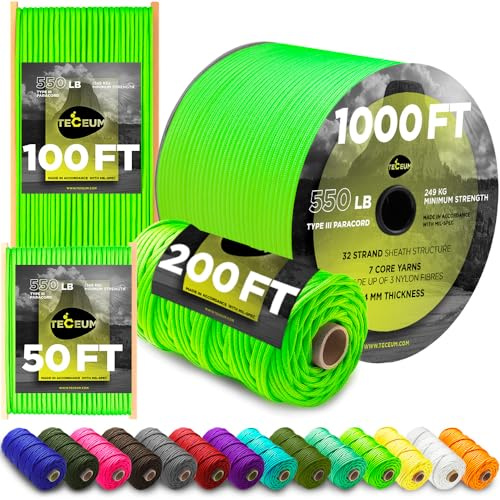 TECEUM Paracord Rope Type III 550 – Tactical MIL-SPEC – Outdoor Para Cord | Neon Green, 305m, Clothesline, Camping Fishing Gear and Equipment, DIY, Parachute Cord 4mm, Strong Survival Utility Rope