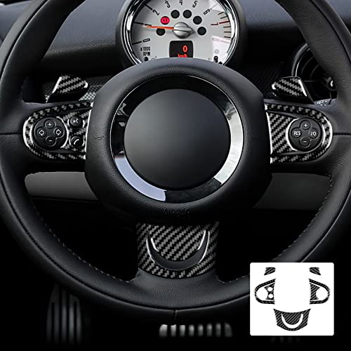 KUNGKIC für Mini Cooper Hardtop R56 Clubman R55 R57 Zubehör Kohlefaser Carbon Fiber Auto Lenkrad Dekorative Aufkleber Steering Wheel Innenraum Lenkradtasten-Abdeckung Trim 2008 2009 2010 Schwarz