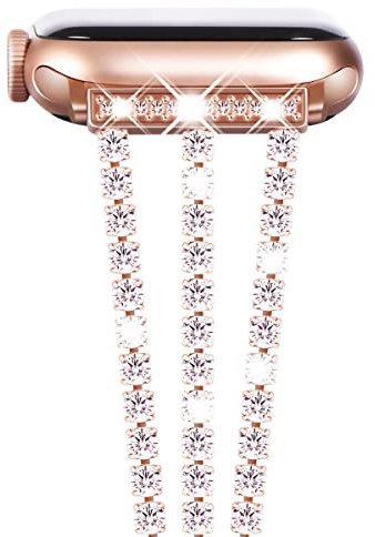 NewWays Bracelet de rechange à maillons en acier inoxydable étincelant pour femme, compatible avec iWatch Series 9/8/7/6/5/4/3/2/1/SE, Apple Watch 42 mm, 44 mm, 45 mm (Pierre brillante - Or rose)