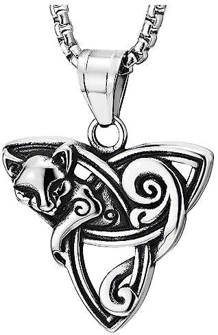 COOLSTEELANDBEYOND Herren Damen Halskette aus Edelstahl, keltischer Dreifaltigkeitsknoten Triquetra Trefoil Knoten mit Fuchs
