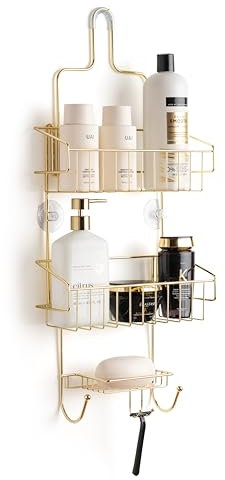 SIMPLI COZY Grand panier de douche en fer doré – Pas de perçage nécessaire – Rangement à deux niveaux – Porte-rasoir et luffa – Idéal pour une décoration esthétique moderne et propre