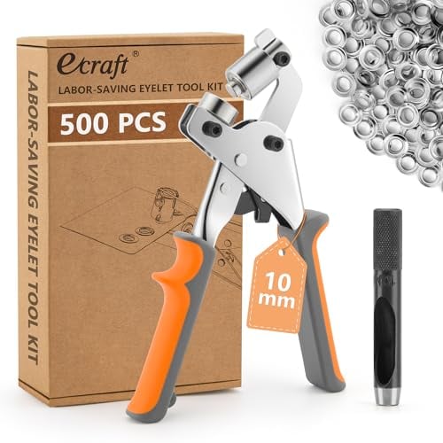 Eyelet Punch Kit Grommet Pliers – Ecraft Handheld Grommet Kit Eyelet Puncher Set Eyelet Maker for Fabric Paper With 500pcs Silver Grommets of 3/8 Inch(10mm)