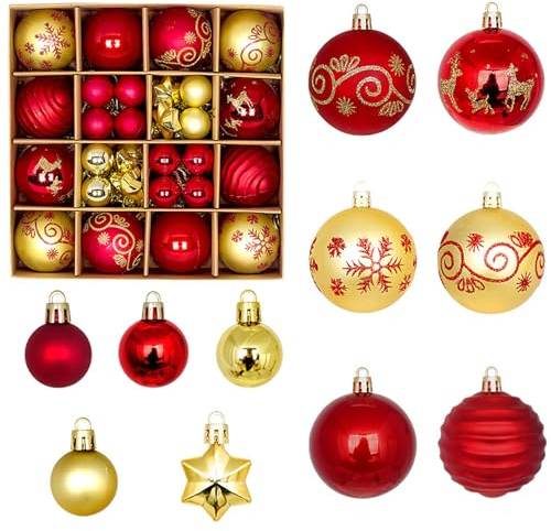 44 Stück Weihnachtskugeln mit Aufhänger, 6CM Christbaumkugeln Kunststoff Rot & grün & Gold & Weiß, Christbaumschmuck Anhänger Weihnachtsbaumkugeln Weihnachtsdeko (03)
