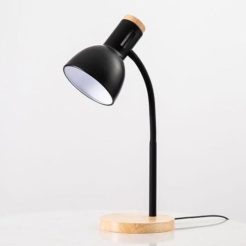 SUAVER Metall Tischlampe, Nordic Modern Creative Tischlampe Schlafzimmer Nachttischlampe Augenschutz Lesetischlampe Verstellbare Schreibtischlampe E27 Holz Metall Nachtlampe(Black)
