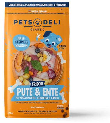 Pets Deli Trockenfutter für Welpen Pute & Ente mit Süßkartoffel, Blaubeere & Kamille - ohne Zucker und Gluten, 2kg