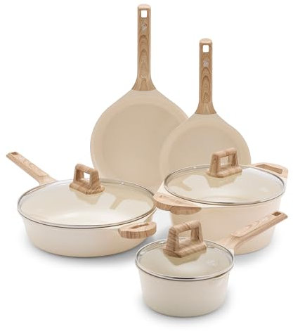 GreenLife Arte 8 Piece Healthy Ceramic Nonstick Cookware Pots and Frying Sauce Saute Pans Set, Induction Suitable, PFAS-Free, PFOA-Free, Wood Print Handles, Glass Lids, Dishwasher Safe, Cream