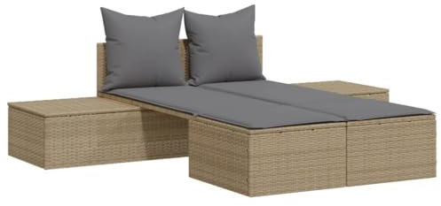 vidaXL Doppel Sonnenliege, Gartenliege mit Auflagen, Doppelliege für Außenbereich, Relaxliege Sonnenbett Gartenmöbel, Beige Poly Rattan