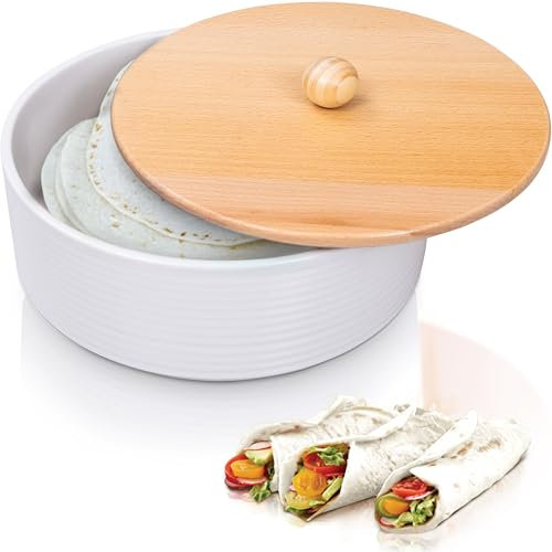 VEBAVO Ceramic Tortilla Warmer with Wooden Lid - 9 Inch Large Tortilla Holder Ideal for Keeping Tortillas Warm and Fresh